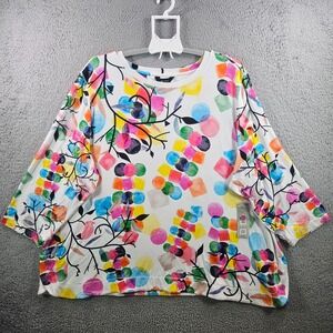 NEW Ali Miles Top Women 3X Stretch Colorful Geometric Print White Comfy